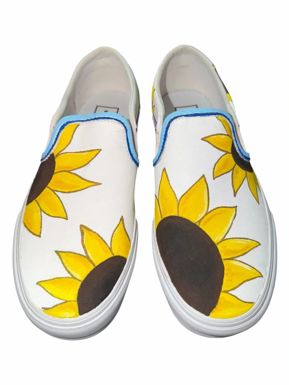 Vans Women’s White Custom Hand Painted Yellow Sunflower Slip-On Shoes 8.5